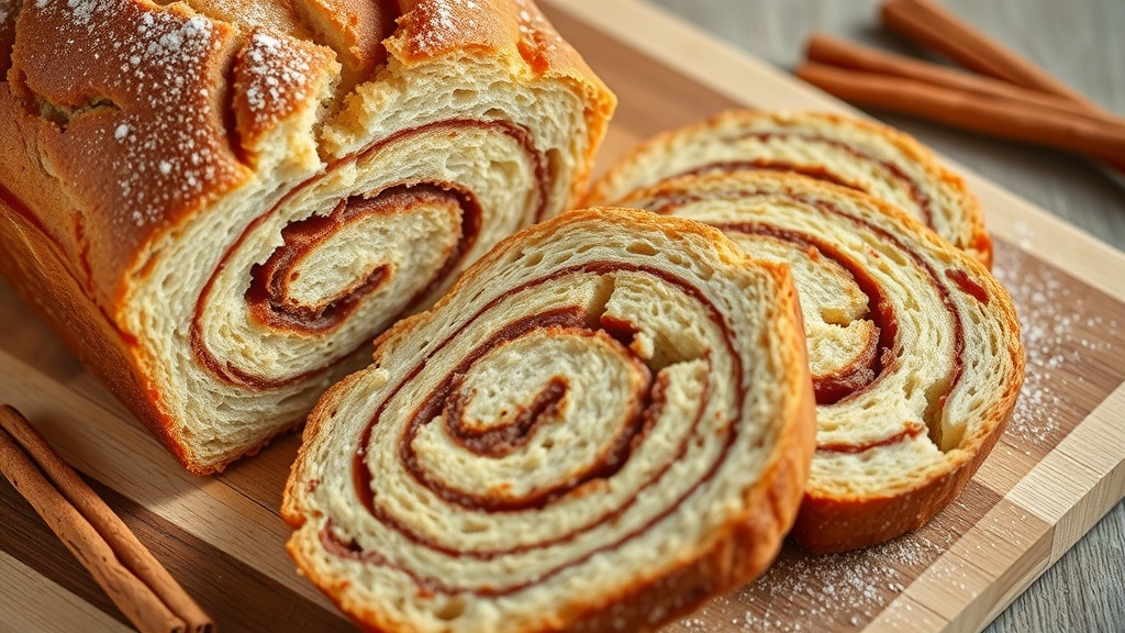 Homemade Cinnamon Swirl Bread Recipe Sliced homemade cinnamon swirl bread showcasing its rich, spiced layers on a wooden cutting board.